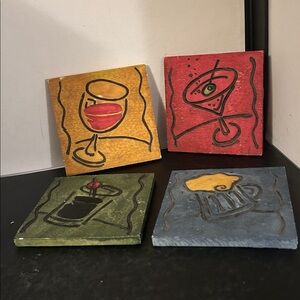 Set of 4 Stone Coasters Hand Carved And Hand Painted Bar Theme